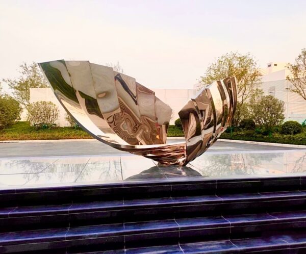 01 Abstract Polished Stainless Steel Bowl Sculpture Installation