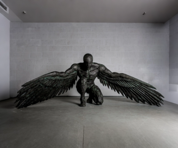 01 Winged Guardian Dark Bronze Sculpture Installation